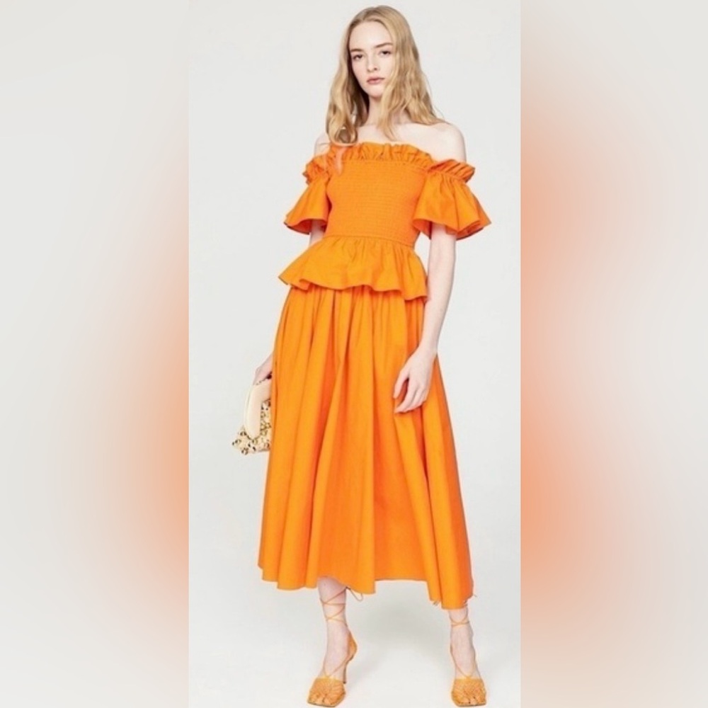 Toccin × RTR Flounced Smocked Off Shoulder Peplum Midi Dress Orange Poplin